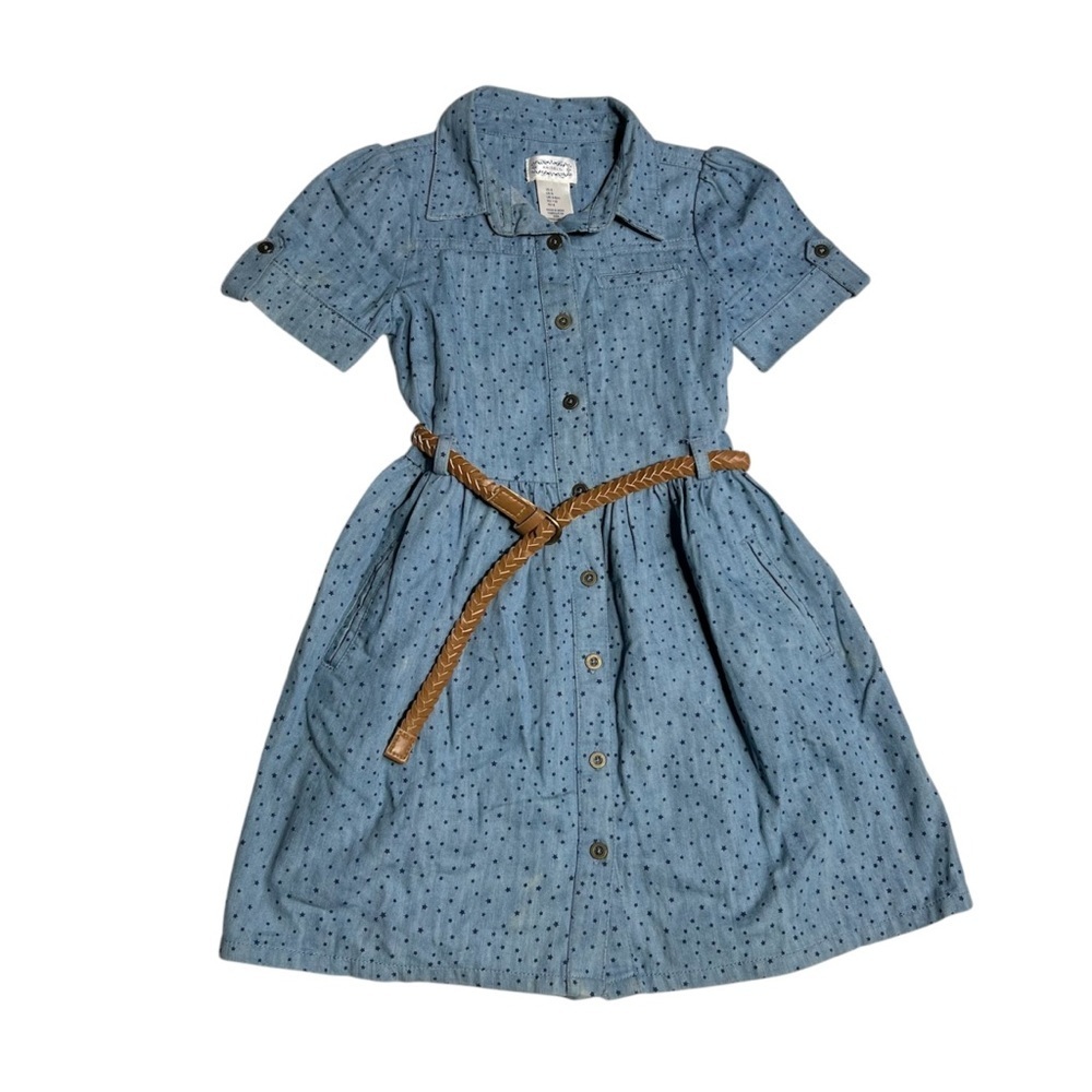 Kaisely Blue Chambray Denim Brown Belted A-Line Dress with Polka Dots